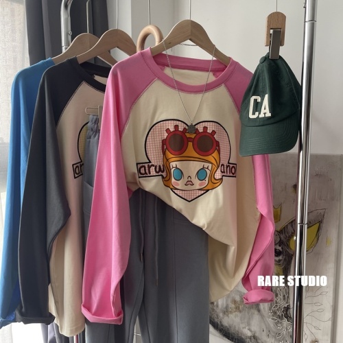 Extra large size 300 pounds embroidered letter doll avatar raglan sleeves age-reducing pure cotton long-sleeved T-shirt for fat girls inner wear