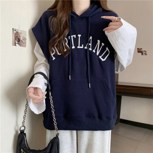 After the real shot, the package includes the hairy Chinese cotton composite milk silk 320g thin hooded letter embroidered vest sweatshirt for women