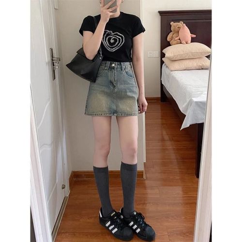 Retro Hot Girl Denim Skirt Women's Summer New Distressed High Waist Slim Hip Skirt Versatile A-Line Short Skirt