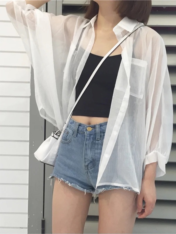 Chiffon shirt women's white shirt summer shirt new outer sun protection jacket loose long-sleeved top