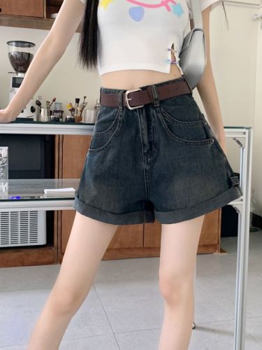 Curled straight denim shorts for women summer new high-waist slim hot pants hot girls wide-leg pants