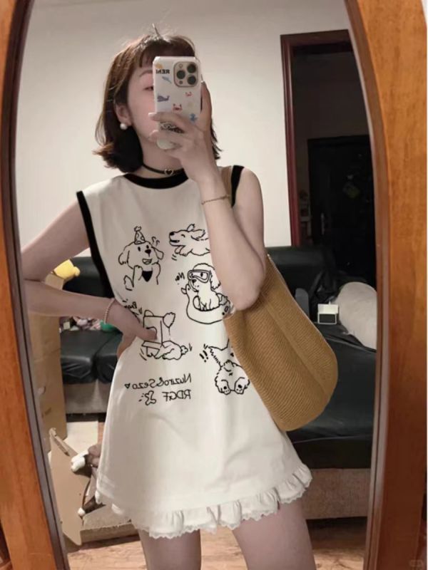 Summer New Casual Contrast Color Collar Sleeveless T-Shirt Women's Mid-Length Vest Top