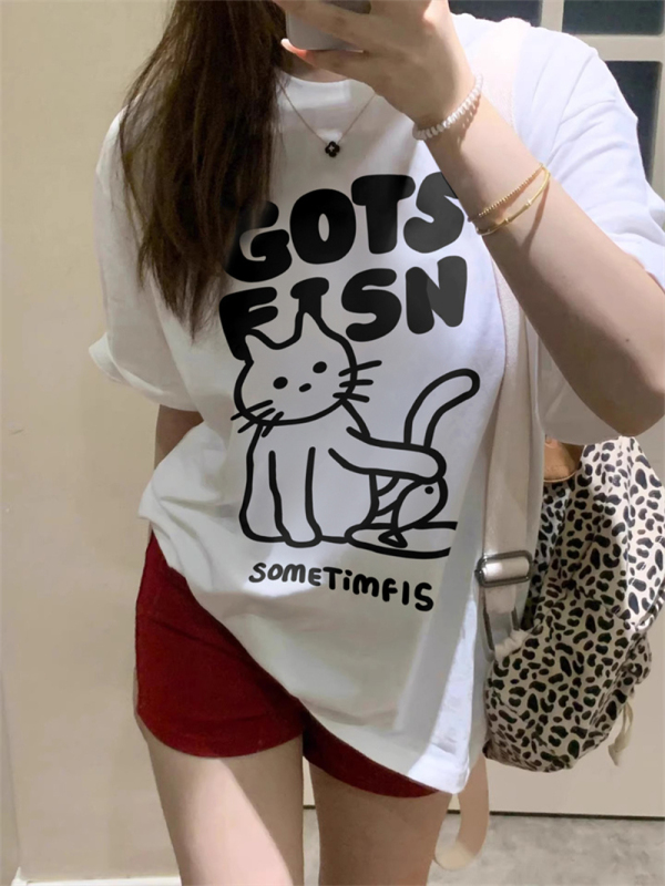 Pure cotton off-shoulder loose-fitting reactive dye short-sleeved T-shirt women's top