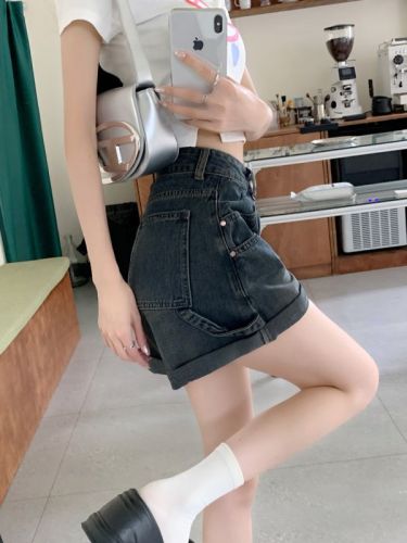 Curled straight denim shorts for women summer new high-waist slim hot pants hot girls wide-leg pants