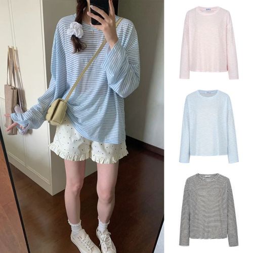 Ready stock - Thin long-sleeved T-shirt summer new fashion striped sun protection breathable loose air-conditioned shirt top