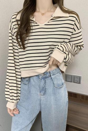 New autumn clothing, Korean version, loose and versatile, striped lapel, slim, high waist, long-sleeved sweatshirt, women's top, trendy outer wear