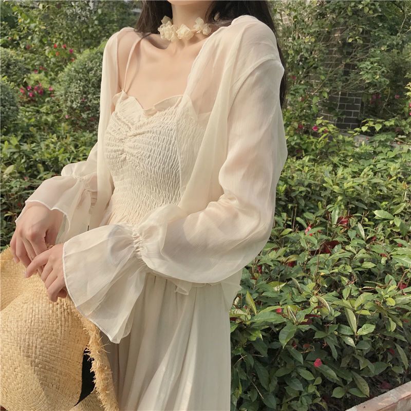 Women's Summer Outerwear Short Thin Chiffon Cardigan Jacket with Suspender Small Shawl Women's Sun Protection Shirt Women's Air Conditioning Shirt