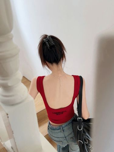 Red u-neck letter vest for women summer Hong Kong style slimming and beautiful back suspender top