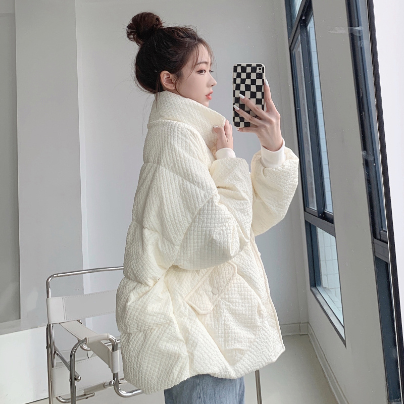 Solid color waffle cotton jacket with 3D touch, thickened and warm winter Korean style loose stand-up collar bread jacket