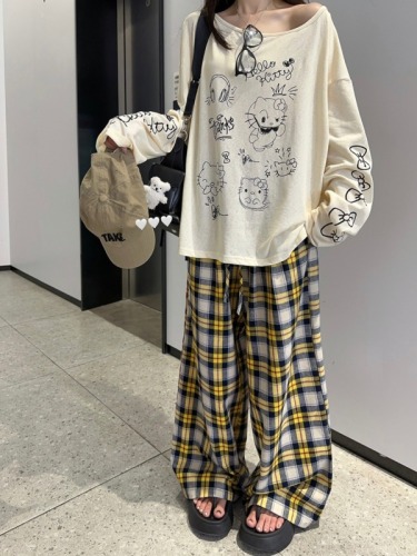 Actual shot ~ Hand-painted heiokitty loose sunscreen long-sleeved T-shirt plaid casual wide-leg pants suit