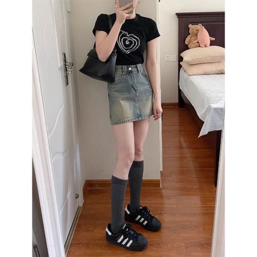 Retro Hot Girl Denim Skirt Women's Summer New Distressed High Waist Slim Hip Skirt Versatile A-Line Short Skirt