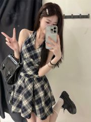 Black and white plaid dress women's summer Shibuya short skirt v-neck halterneck camisole dress