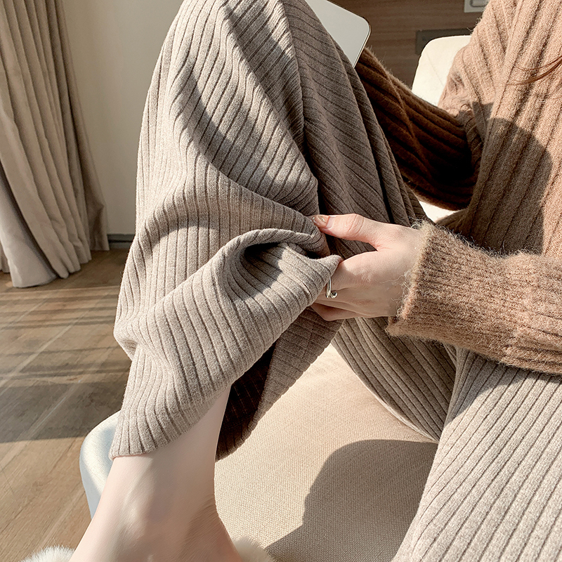 Rabbit Velvet Strip Casual Pants Women's Autumn and Winter Vertical Strip Elastic Waist Wide Leg Pants Drape Loose Floor-Mopping Straight Leg Pants