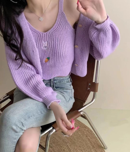 Korean style niche sweater set single-breasted knitted loose style versatile long-sleeved V-neck vest suspender two-piece set