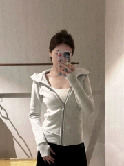 Grey American Zipper Hooded Sweatshirt Early Spring Autumn Women 2024 New Style Cardigan Women Thin Fitted CHI Jacket