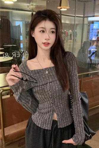 Actual shot ~ Gentle style one-shoulder Korean design slit square collar velvet knitted sweater slim bottoming top