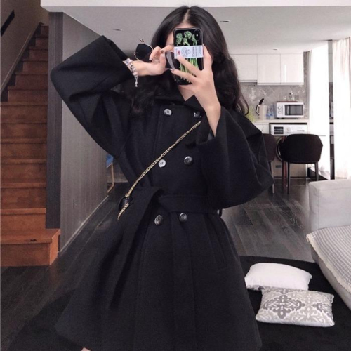 Korean style winter wear loose large size Hepburn style woolen coat for women thickened black mid-length woolen coat