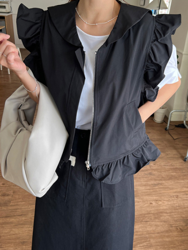 Old-time nostalgia Korean fashion zipper cardigan vest navy collar fungus casual Korean style vest jacket