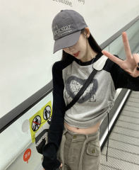 American retro style simple letter print contrasting raglan sleeves slim slim long sleeve T-shirt for women