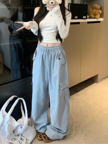 American high-street retro overalls early autumn high-waisted loose casual wide-leg pants straight-leg long pants