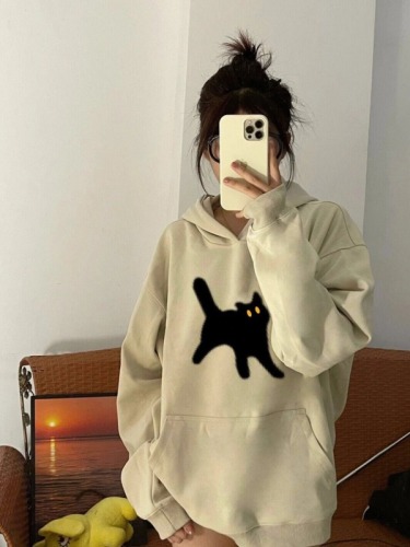 Korean version of super good-looking cartoon cat hooded sweatshirt for women in spring and autumn thin loose oversize temperament versatile top