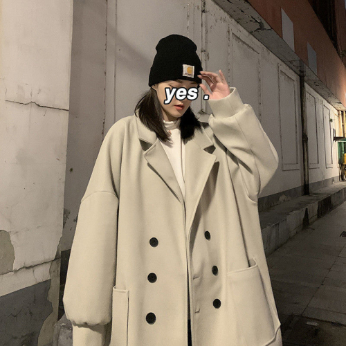 Autumn and winter Harajuku style loose student woolen coat class uniform double-breasted men's and women's couple wear mid-length woolen coat