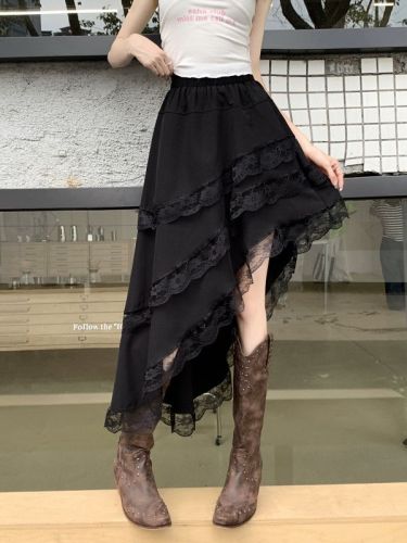 New high-waisted slimming spliced ​​lace skirt with irregular design and hot girl cake long skirt