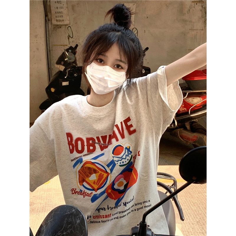 100% pure cotton American Hong Kong chic right shoulder short-sleeved T-shirt women's summer niche design loose slim top