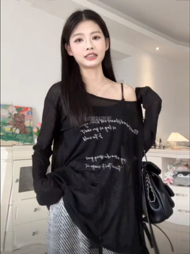 Original fabric Korean style lazy style white letter long-sleeved women's off-shoulder loose thin sun protection blouse top