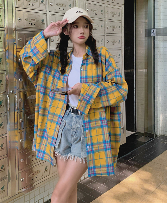 Spring yellow plaid long-sleeved shirt American retro loose casual jacket trendy top
