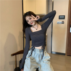 0 fiber 10 spandex double-sided German velvet autumn Korean style drawstring T-shirt women's long-sleeved bottoming shirt