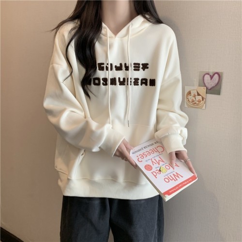 Real shot of Chinese cotton composite milk silk back collar hooded loose sweatshirt for women