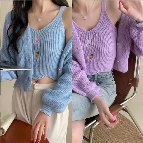 Korean style niche sweater set single-breasted knitted loose style versatile long-sleeved V-neck vest suspender two-piece set