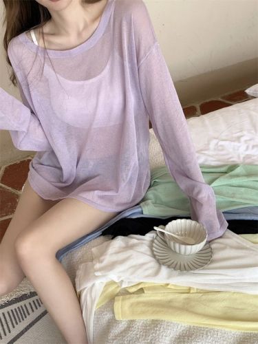 Round neck, loose, lazy and versatile candy-colored sun protection top