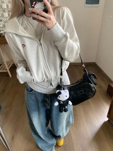 Double-ended zipper American retro hooded short sweatshirt autumn long-sleeved jacket