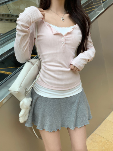 Half-cooked sweetheart fake two-piece elastic slimming long-sleeved top + light ballet lace skirt