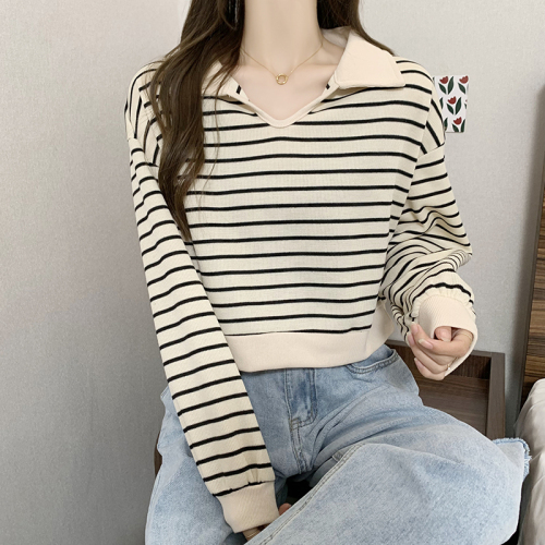 New autumn clothing, Korean version, loose and versatile, striped lapel, slim, high waist, long-sleeved sweatshirt, women's top, trendy outer wear