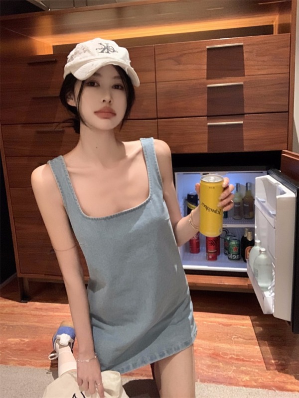 Tea style loose tank top dress slimming little retro sleeveless denim suspender dress