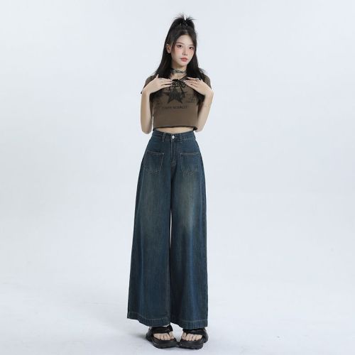 2024 Spring and Autumn Wide Leg Jeans for Women High Waisted American High Street Retro Design Loose Straight Legs for Small People