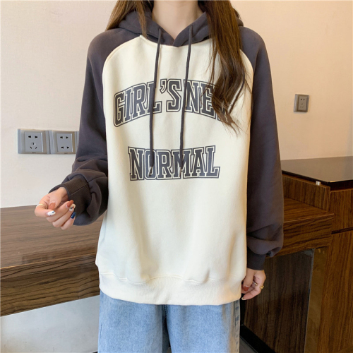 Real shot of Chinese cotton composite back collar with color insert hooded loose sweatshirt for women