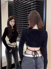 Design sense bandage lace-up women's autumn/winter short sleeve slimming invisible pure desire temperament backless inner knitting sweater trendy