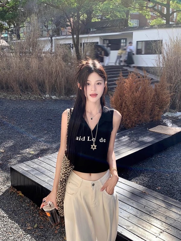 Korean hot girl polo collar slim tank top T-shirt