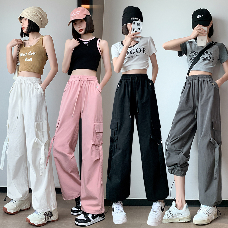 American style overalls for women, spring washed cotton casual pants, hot girl style high waisted loose versatile wide leg pants