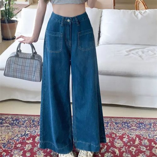 Plus size new American style big pocket thin jeans washed and distressed straight wide leg nine-point pants