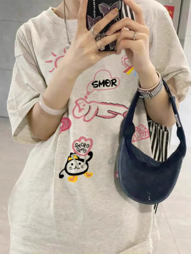 Combed tight silo lazy style casual cartoon pattern printed short-sleeved T-shirt