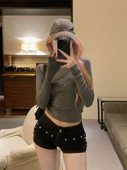 Hot girl pinch waist right shoulder short t-shirt long sleeve women's slim fit bottoming shirt tight round neck top