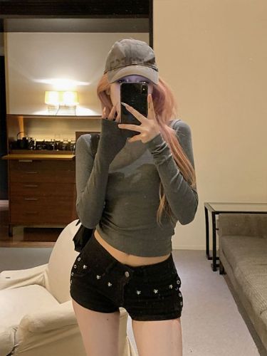 Hot girl pinch waist right shoulder short t-shirt long sleeve women's slim fit bottoming shirt tight round neck top