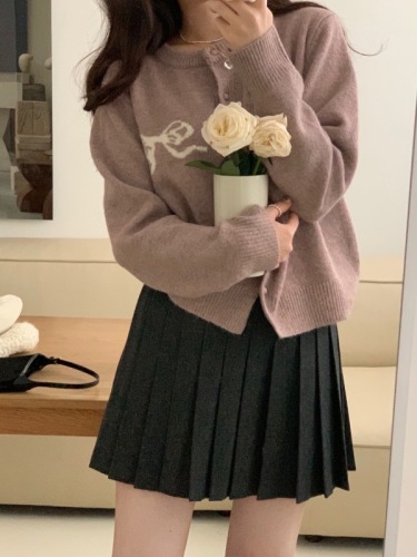 South Korea's Dongdaemun new solid color sweet age-reducing bow round neck jacquard sweater knitted cardigan jacket for women