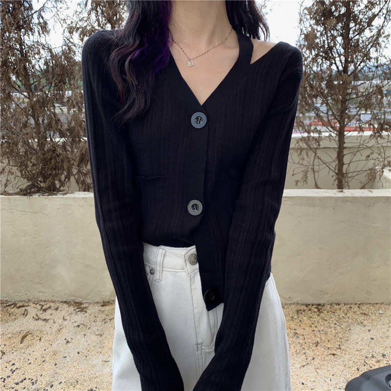 實拍 真 秋季新款長袖V領針織開衫毛衣女