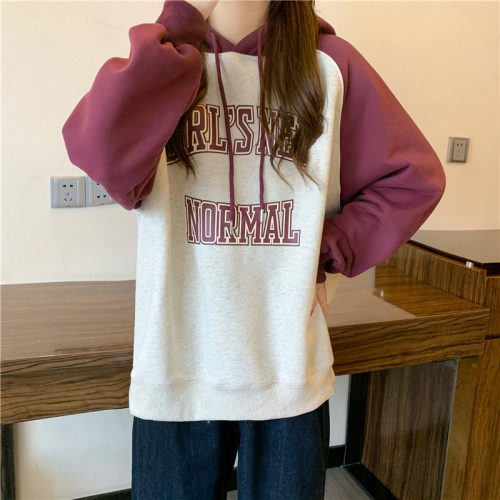 Real shot of Chinese cotton composite back collar with color insert hooded loose sweatshirt for women